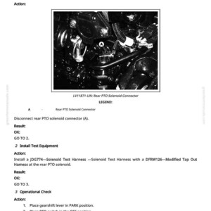 May include: A black and white diagram labelled "CCU - Rear EH PTO Solenoid Circuit Test." The image shows a detailed view of an engine component, with text instructions for testing the PTO solenoid circuit. The text includes steps and results.