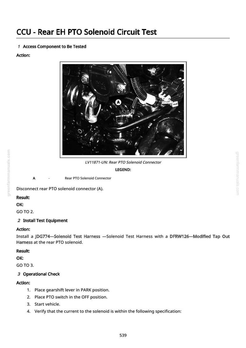 May include: A black and white diagram labelled "CCU - Rear EH PTO Solenoid Circuit Test." The image shows a detailed view of an engine component, with text instructions for testing the PTO solenoid circuit. The text includes steps and results.