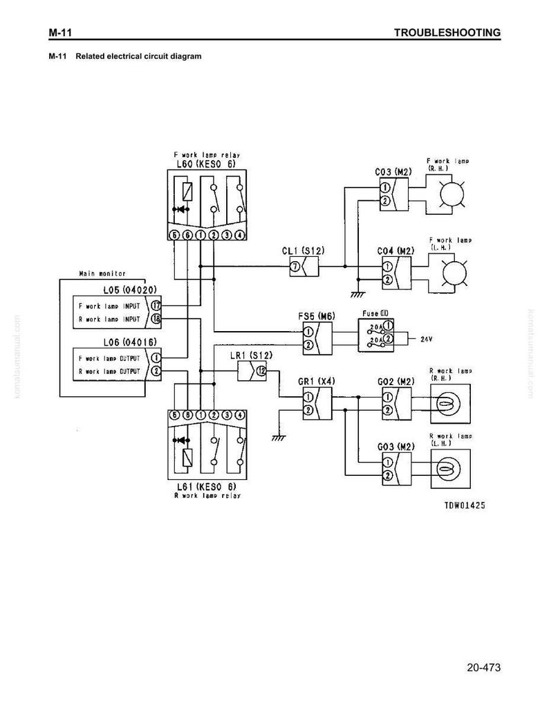 May include: A detailed electrical circuit diagram with labels and symbols. The diagram includes components like relays, fuses, and lamps, with text such as "Troubleshooting" and "Related electrical circuit diagram".