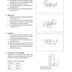 Puede incluir: Diagrama de un manual que detalla el desmontaje y montaje del carro de horquilla. Incluye secciones etiquetadas con medidas en mil&iacute;metros, diagramas e instrucciones para holguras y protuberancias.