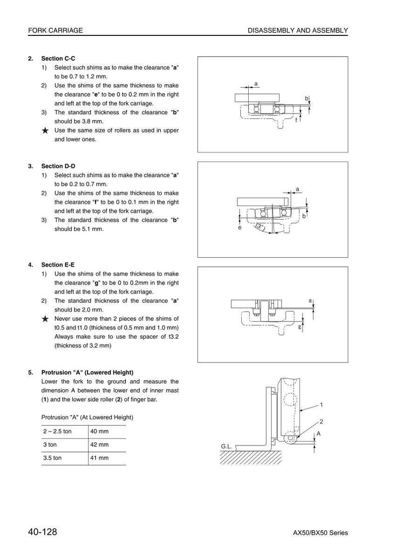 Puede incluir: Diagrama de un manual que detalla el desmontaje y montaje del carro de horquilla. Incluye secciones etiquetadas con medidas en mil&iacute;metros, diagramas e instrucciones para holguras y protuberancias.