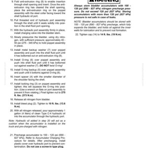 May include: A detailed instruction sheet for brake circuit component repair, featuring numbered steps and diagrams. Includes a warning about accumulator storage and precharge pressure, and tightening specifications in foot-pounds.