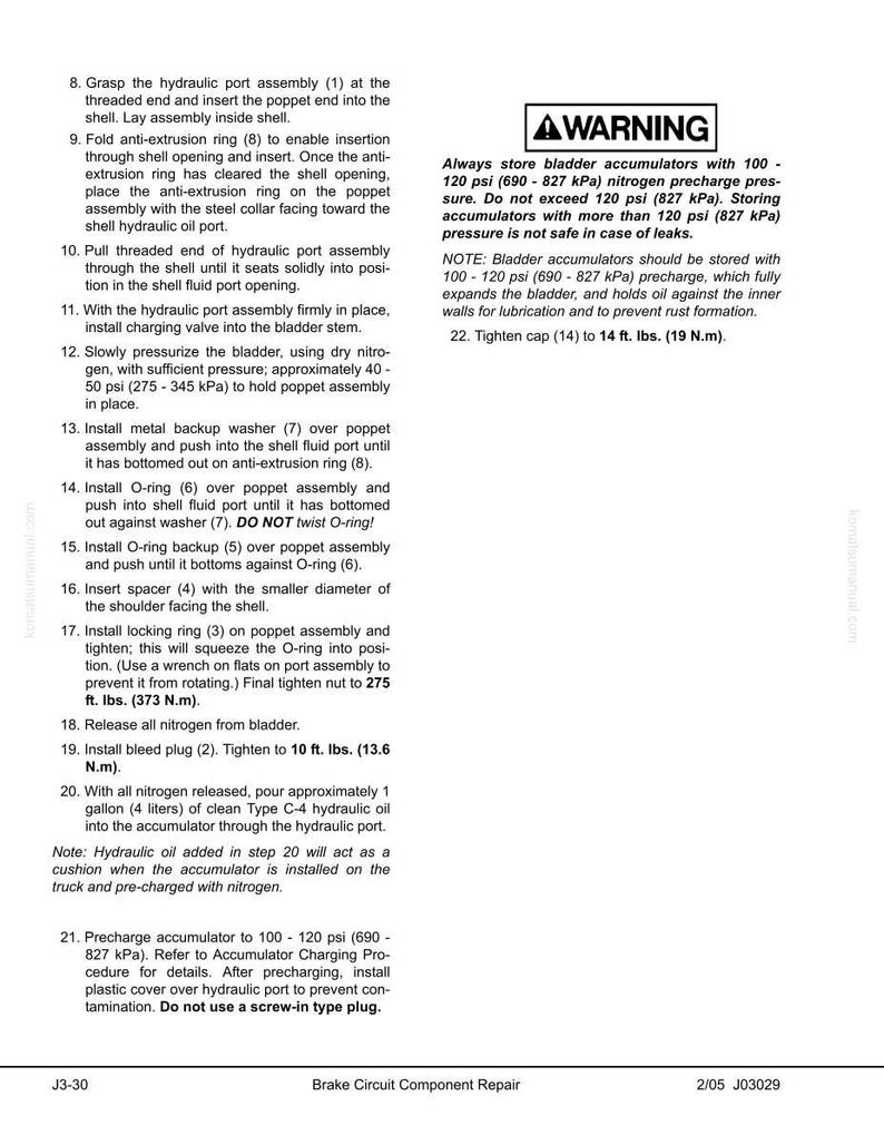 May include: A detailed instruction sheet for brake circuit component repair, featuring numbered steps and diagrams. Includes a warning about accumulator storage and precharge pressure, and tightening specifications in foot-pounds.