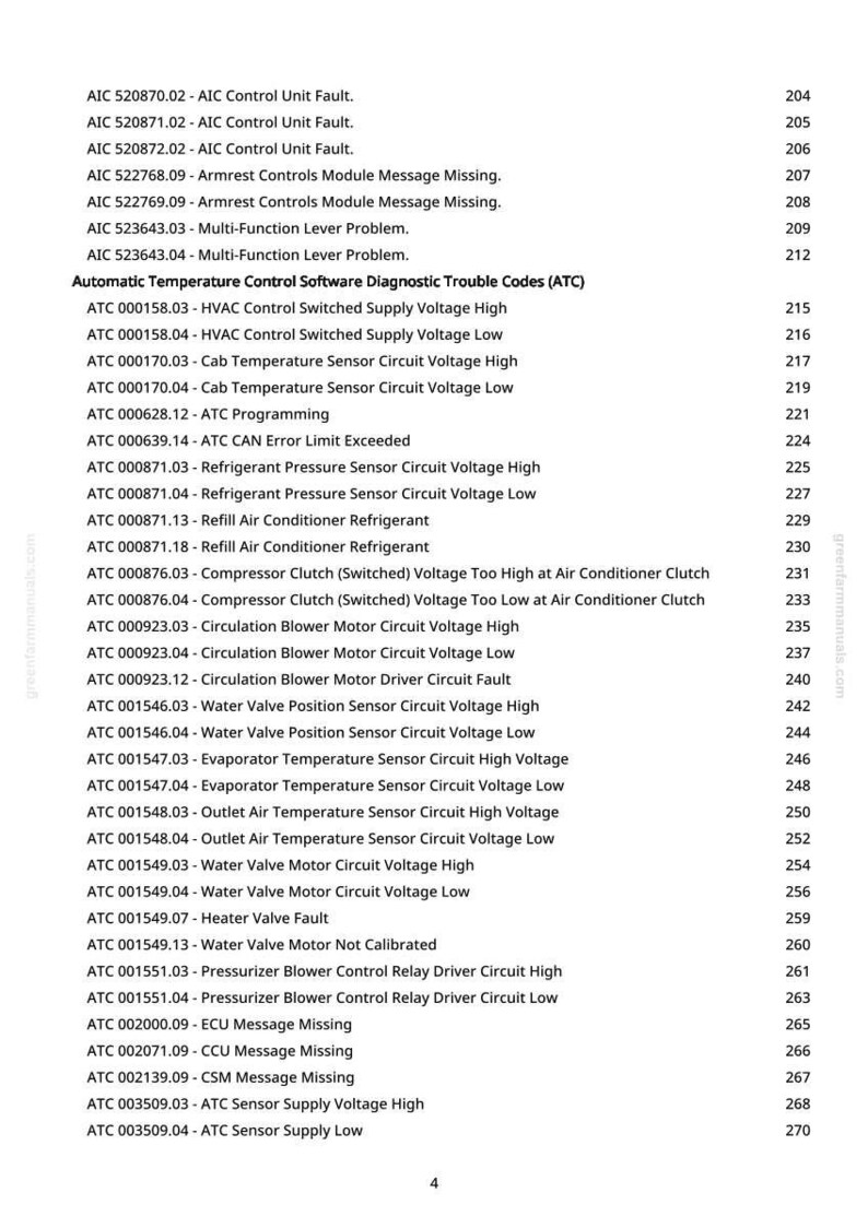 K&ouml;nnte beinhalten: Eine Seite aus einem greenfarmmanuals.com-Handbuch mit einer Auflistung der Diagnosecodes f&uuml;r die automatische Temperaturregelung (ATC). Die Codes umfassen Probleme wie hohe und niedrige Sensorstromkreisspannungen und fehlende Meldungsfehler.