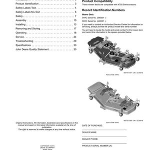 Peut inclure: Une page d'un manuel John Deere intitul&eacute;e &laquo;&nbsp;Sommaire&nbsp;&raquo;. La page comprend une table des mati&egrave;res, des informations d'identification du produit et des sch&eacute;mas de plateaux de tondeuse. Il y a aussi des champs pour enregistrer les d&eacute;tails d'achat.