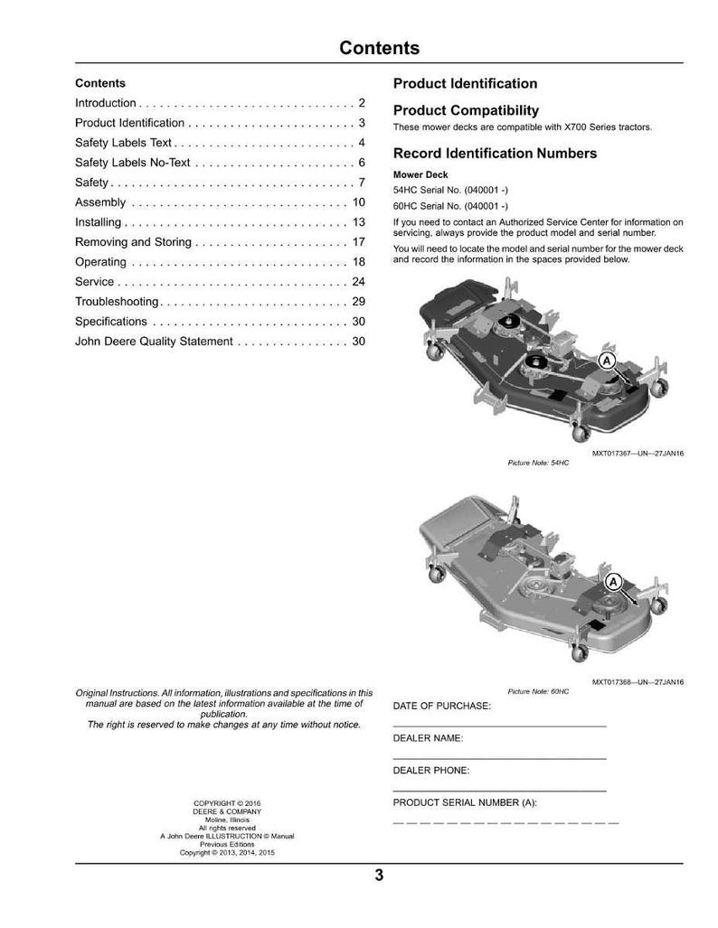 Peut inclure: Une page d'un manuel John Deere intitul&eacute;e &laquo;&nbsp;Sommaire&nbsp;&raquo;. La page comprend une table des mati&egrave;res, des informations d'identification du produit et des sch&eacute;mas de plateaux de tondeuse. Il y a aussi des champs pour enregistrer les d&eacute;tails d'achat.