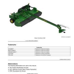 May include: A green and black mower conditioner C500, with a long arm extending to the right. The mower has a yellow wheel and is labeled with trademarks and abbreviations. The image is a product view.