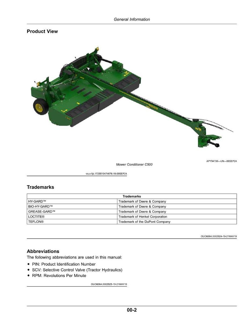 May include: A green and black mower conditioner C500, with a long arm extending to the right. The mower has a yellow wheel and is labeled with trademarks and abbreviations. The image is a product view.