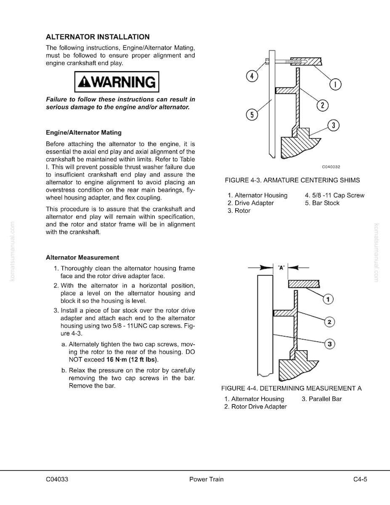 May include: A page from a manual detailing alternator installation and measurement procedures. Includes diagrams of armature centering shims and measurement points, along with warnings and step-by-step instructions for engine maintenance.