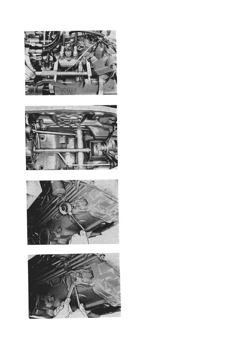 May include: A series of black and white images detailing the internal components of an engine. The images show various parts, including the engine block, fuel lines, and other mechanical elements. Tools are used to work on the engine.