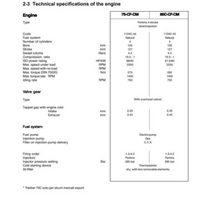 Op de afbeelding: Technische specificaties van een motor, inclusief boring (105 mm), slag (127 mm) en compressieverhouding (19,3:1). Het document geeft details over brandstofsysteem, klepaandrijving en brandstofpomp.