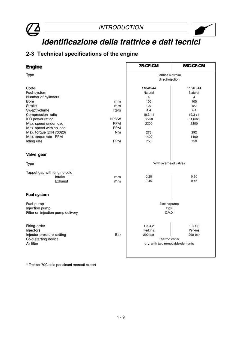 Op de afbeelding: Technische specificaties van een motor, inclusief boring (105 mm), slag (127 mm) en compressieverhouding (19,3:1). Het document geeft details over brandstofsysteem, klepaandrijving en brandstofpomp.