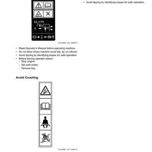 Puede incluir: Una p&aacute;gina blanca titulada "Safety Labels No-Text" con instrucciones de seguridad y diagramas. Aconseja evitar lesiones y aplastamientos, incluyendo la lectura del manual del operador y el uso del cintur&oacute;n de seguridad. Tambi&eacute;n tiene el n&uacute;mero 7.