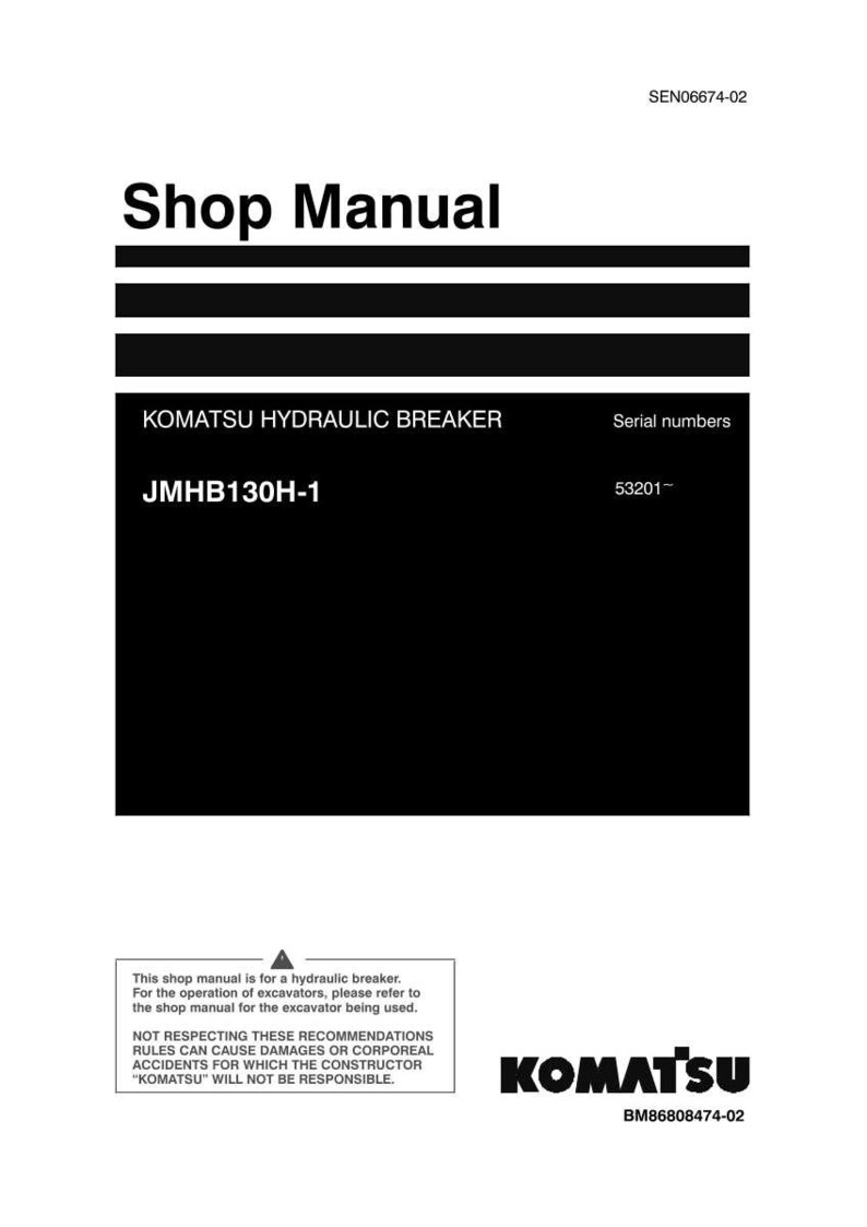 May include: A Komatsu hydraulic breaker shop manual with the text "Shop Manual" at the top. The manual includes the model number JMHB130H-1 and serial numbers. The Komatsu logo is at the bottom.