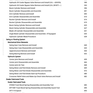 May include: A detailed list of mechanical and hydraulic system procedures, including disassembly, assembly, and removal instructions. The text-based document includes various procedures for components like cylinders, valves, and tools.