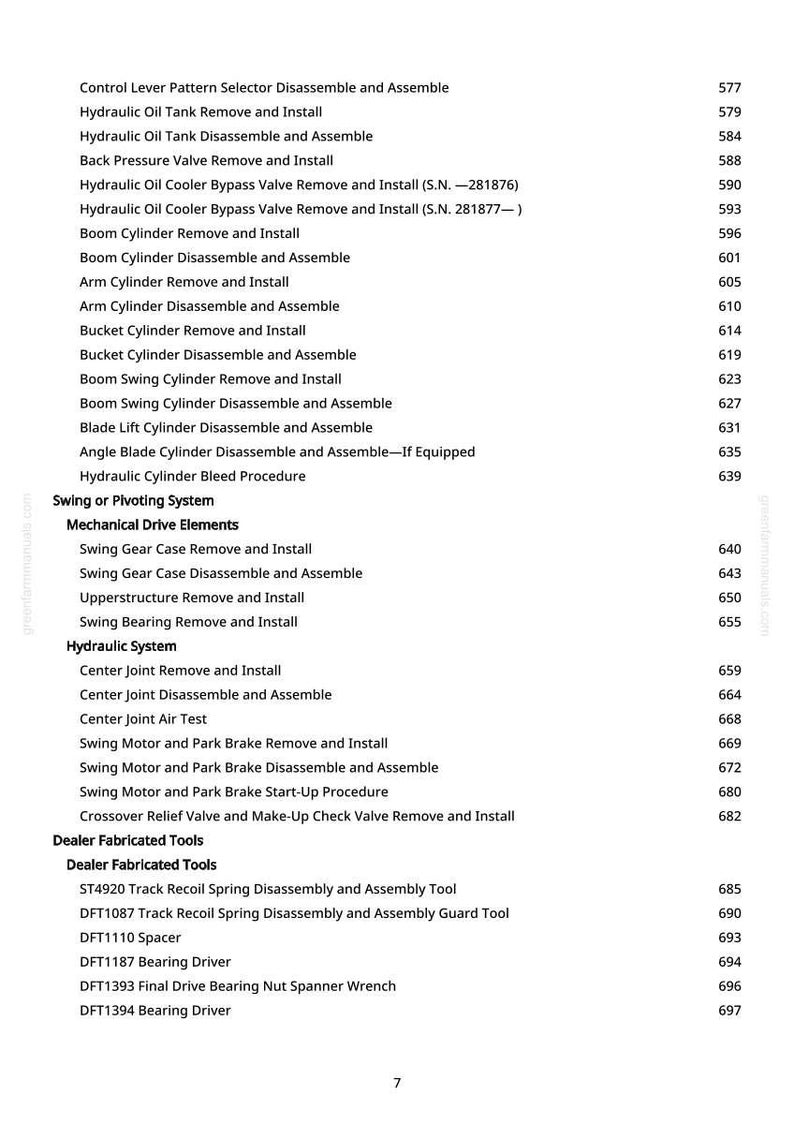 May include: A detailed list of mechanical and hydraulic system procedures, including disassembly, assembly, and removal instructions. The text-based document includes various procedures for components like cylinders, valves, and tools.