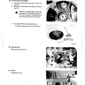 May include: A page from a manual detailing the disassembly and assembly of a PTO drive gear. The image includes diagrams of mechanical components, including gears, bolts, and a rear seal cover. Text instructions are also present.