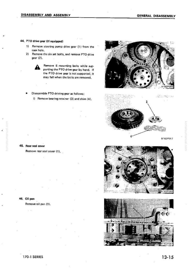 May include: A page from a manual detailing the disassembly and assembly of a PTO drive gear. The image includes diagrams of mechanical components, including gears, bolts, and a rear seal cover. Text instructions are also present.