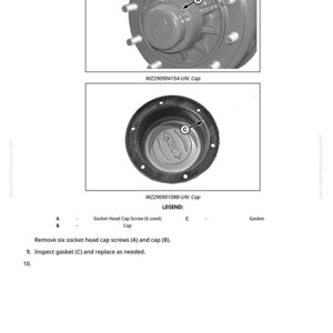 May include: Diagram of mechanical components, including a cap, socket head cap screws, and a gasket. The image includes labels A, B, and C, and instructions for removal and inspection. Text includes "WZ290904154-UN: Cap" and "WZ290901088-UN: Cap".