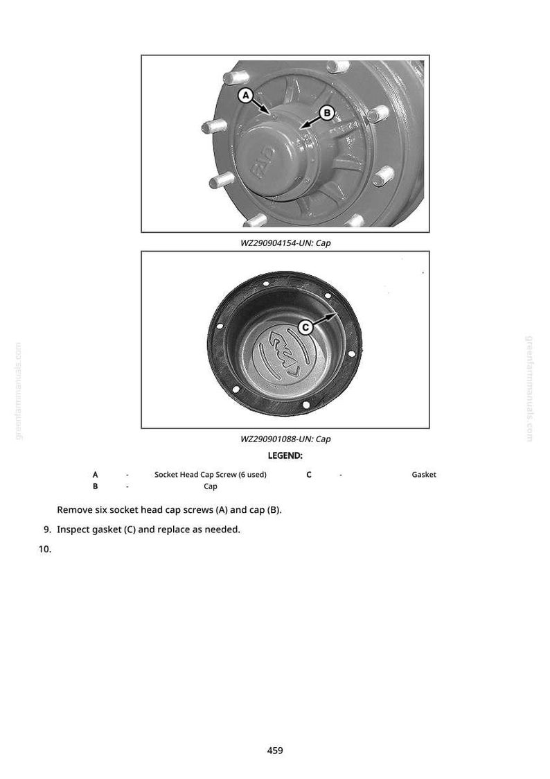 May include: Diagram of mechanical components, including a cap, socket head cap screws, and a gasket. The image includes labels A, B, and C, and instructions for removal and inspection. Text includes "WZ290904154-UN: Cap" and "WZ290901088-UN: Cap".