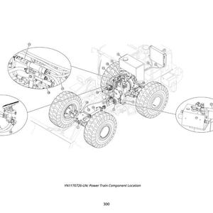 May include: Line drawing of a heavy-duty vehicle's powertrain components. The image shows the wheels, engine, and various parts with callouts. The text at the bottom reads "YN1170726-UN: Power Train Component Location" and "300".
