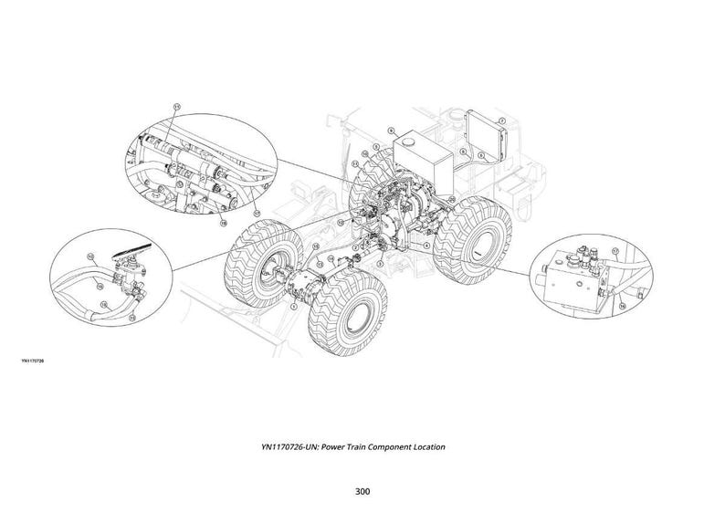 May include: Line drawing of a heavy-duty vehicle's powertrain components. The image shows the wheels, engine, and various parts with callouts. The text at the bottom reads "YN1170726-UN: Power Train Component Location" and "300".
