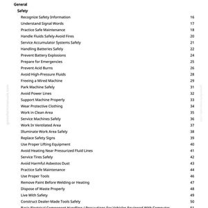 May include: A page from a manual titled "Table of Contents". The document lists safety topics such as "Recognize Safety Information", "Handle Fluids Safely-Avoid Fires", and "Service Tires Safely". The page numbers are on the right.