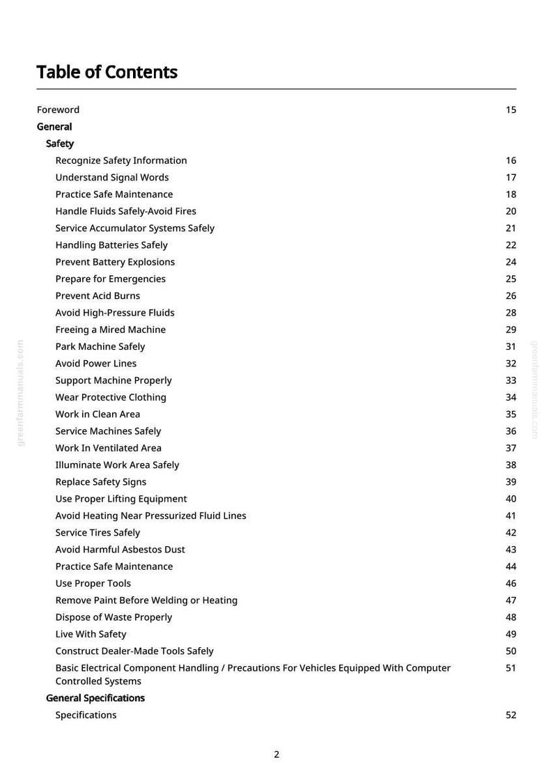 May include: A page from a manual titled "Table of Contents". The document lists safety topics such as "Recognize Safety Information", "Handle Fluids Safely-Avoid Fires", and "Service Tires Safely". The page numbers are on the right.