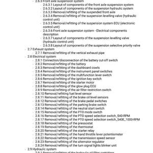 May include: A detailed list of automotive repair procedures, including removal and refitting of various components such as the steering valve, front axle, and electrical system parts. The text is organized with numbered sections and sub-sections.