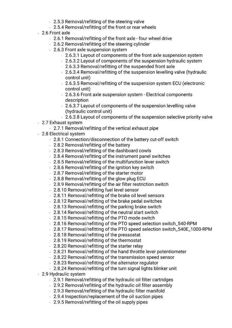 May include: A detailed list of automotive repair procedures, including removal and refitting of various components such as the steering valve, front axle, and electrical system parts. The text is organized with numbered sections and sub-sections.