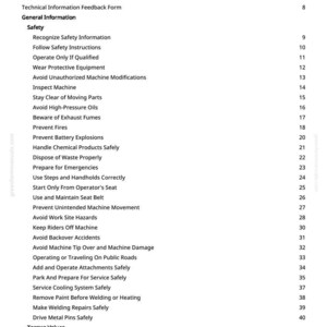May include: A white page titled "Table of Contents" with a list of safety and technical information. The list includes topics like "Prevent Fires", "Avoid Backover Accidents", and "Torque Values". The page number is visible at the bottom.