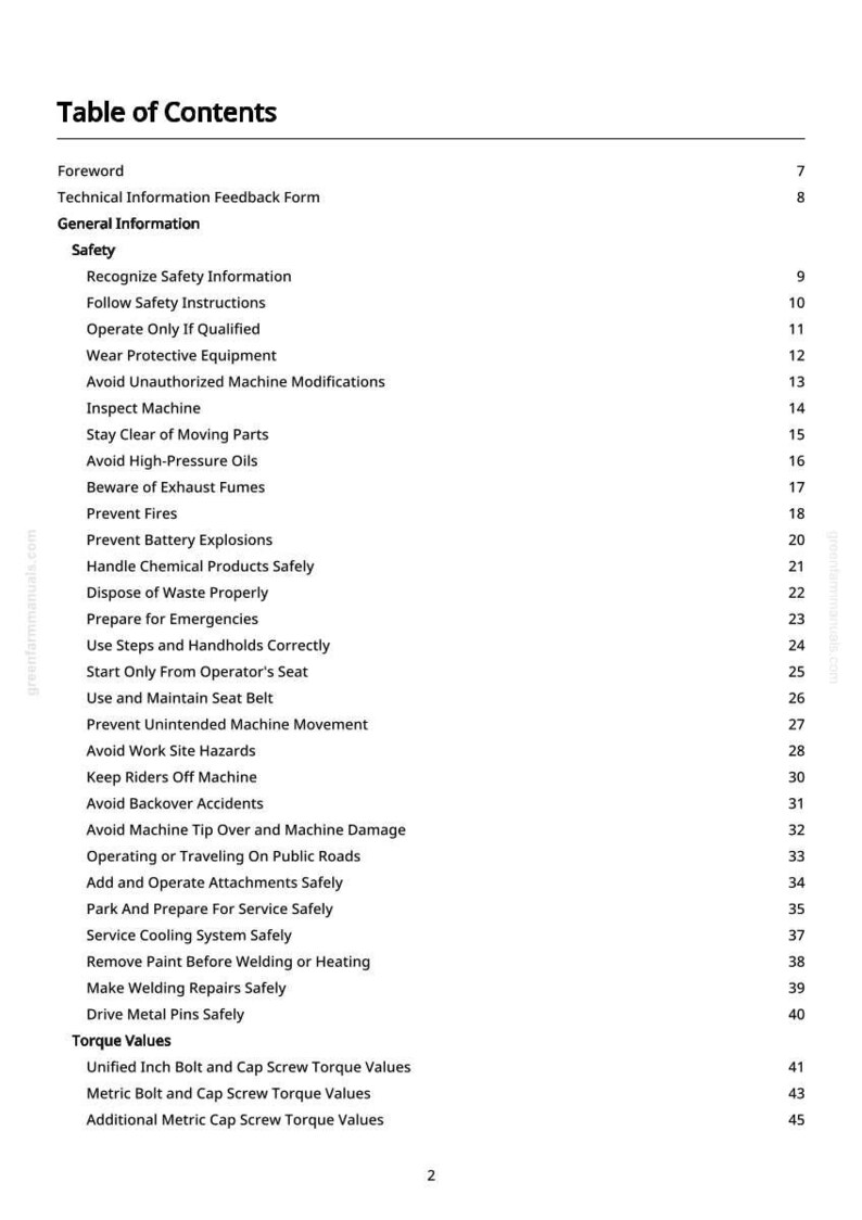 May include: A white page titled "Table of Contents" with a list of safety and technical information. The list includes topics like "Prevent Fires", "Avoid Backover Accidents", and "Torque Values". The page number is visible at the bottom.