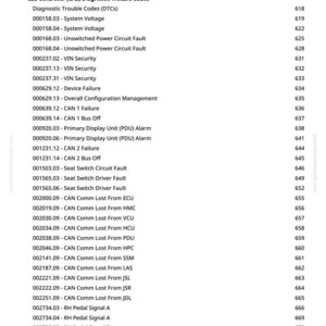 May include: A diagnostic trouble codes list for a Cab Controller (CAB). The document includes codes for system voltage, VIN security, device failure, CAN failures, and seat switch faults. The page number is 9.