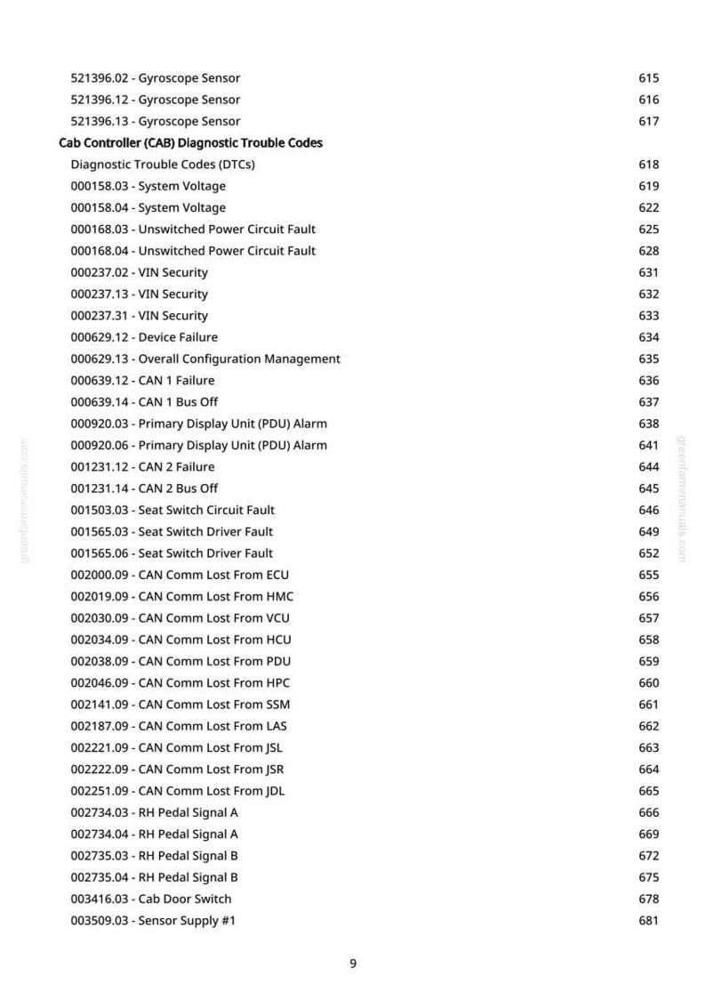 May include: A diagnostic trouble codes list for a Cab Controller (CAB). The document includes codes for system voltage, VIN security, device failure, CAN failures, and seat switch faults. The page number is 9.
