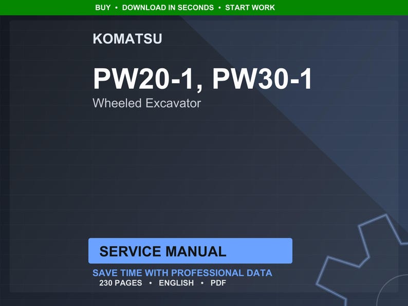 K&ouml;nnte beinhalten: Ein digitales Servicehandbuch f&uuml;r Komatsu PW20-1 und PW30-1 Radbagger. Das Cover ist dunkelblau mit wei&szlig;em Text, einschlie&szlig;lich des Komatsu-Logos und der Worte "SERVICE MANUAL". Das Handbuch umfasst 230 Seiten.
