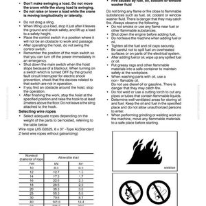 May include: A Komatsu manual page with safety instructions and specifications for wire ropes. Includes diagrams, warnings about fire prevention, and a table detailing rope diameter and allowable load in tons and kN.