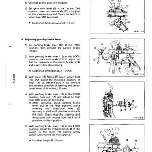 K&ouml;nnte beinhalten: Technische Diagramme und Anweisungen zur Einstellung der Gangschaltung und des Feststellbremshebels. Enth&auml;lt Illustrationen, Ma&szlig;e in mm und Ausrichtungsschritte. Text enth&auml;lt "Spielma&szlig; e und f: 15 mm" und "Einbauh&ouml;he H: 2,8 mm".