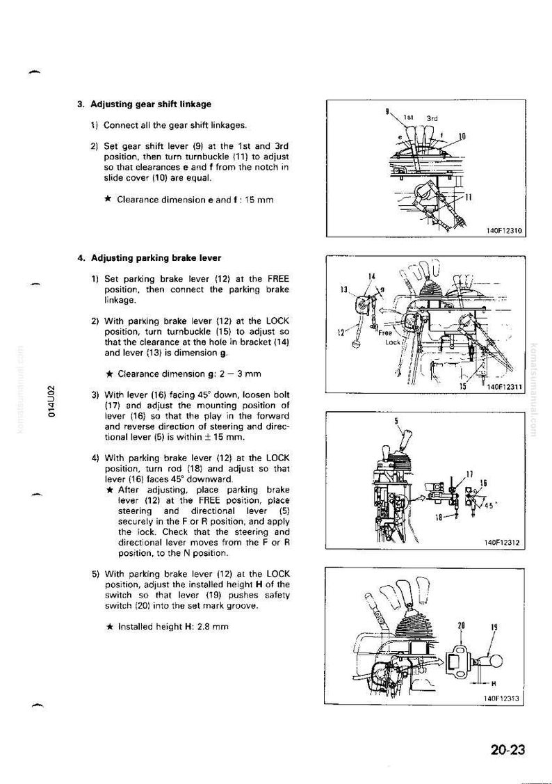 K&ouml;nnte beinhalten: Technische Diagramme und Anweisungen zur Einstellung der Gangschaltung und des Feststellbremshebels. Enth&auml;lt Illustrationen, Ma&szlig;e in mm und Ausrichtungsschritte. Text enth&auml;lt "Spielma&szlig; e und f: 15 mm" und "Einbauh&ouml;he H: 2,8 mm".