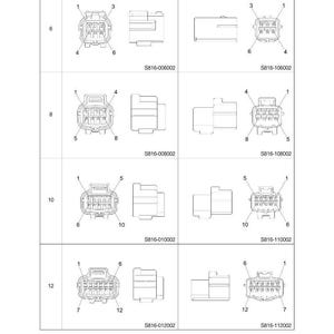 K&ouml;nnte beinhalten: Diagramm von elektrischen Steckverbindern, einschlie&szlig;lich Buchsen und Steckern, mit unterschiedlichen Pin-Anzahlen (6, 8, 10 und 12). Jeder Stecker ist mit einem eindeutigen S816-XXXXXX-Code gekennzeichnet.