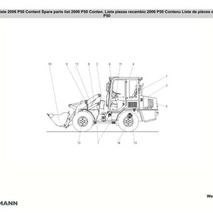 May include: Line drawing of a Weidemann 2006 P50 wheel loader, with numbered parts and labels. The image includes the text "Inhalt Ersatzteilliste 2006 P50 Content Spare parts list 2006 P50 Conten. Lista piezas recambio 2006 P50 Contenu Liste de pi&egrave;ces de rechange 2006 P50".