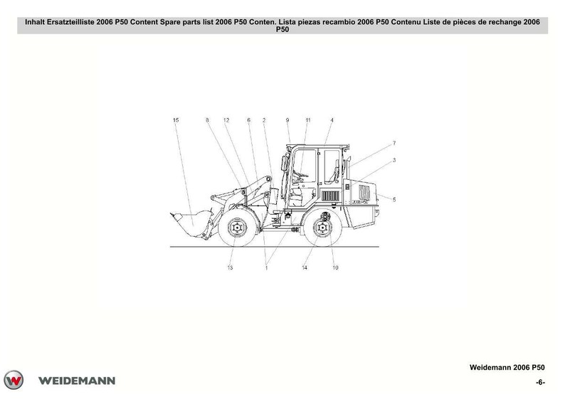 May include: Line drawing of a Weidemann 2006 P50 wheel loader, with numbered parts and labels. The image includes the text "Inhalt Ersatzteilliste 2006 P50 Content Spare parts list 2006 P50 Conten. Lista piezas recambio 2006 P50 Contenu Liste de pi&egrave;ces de rechange 2006 P50".
