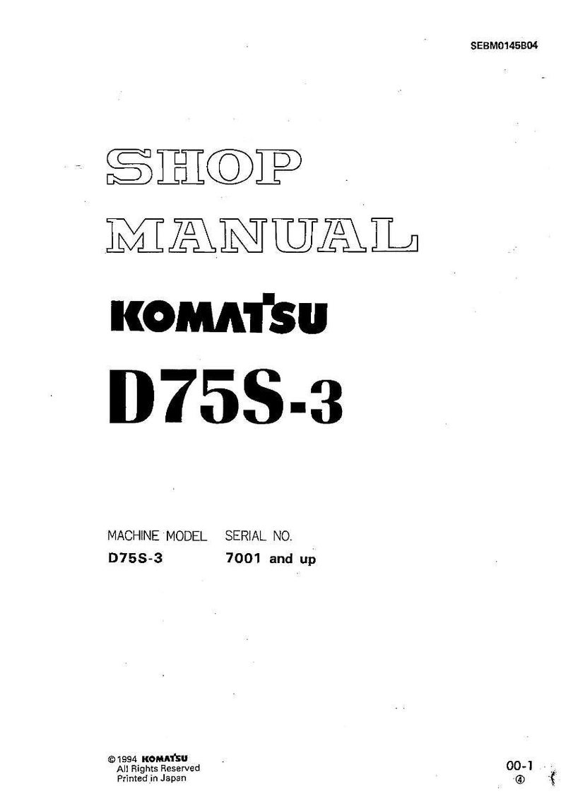 May include: A white shop manual cover with the text "SHOP MANUAL" in a bold, outlined font. Below, the brand name "KOMATSU" is displayed, followed by "D75S-3". The bottom of the cover includes the machine model and serial number.