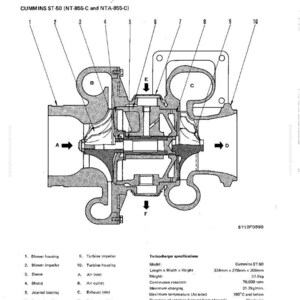 May include: Detailed diagram of a Cummins ST-50 turbocharger, labeled with part names and specifications. The diagram shows the internal structure, including the blower housing, impeller, and exhaust inlets. Measurements are in millimeters and weight in kilograms.