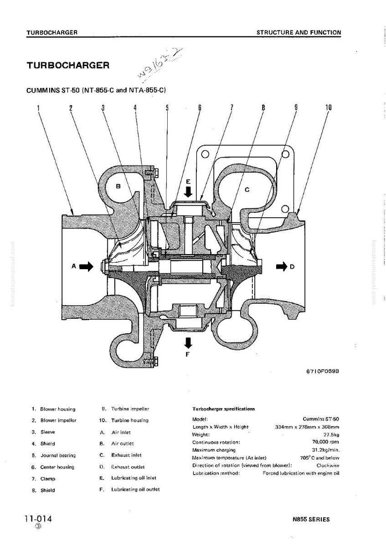May include: Detailed diagram of a Cummins ST-50 turbocharger, labeled with part names and specifications. The diagram shows the internal structure, including the blower housing, impeller, and exhaust inlets. Measurements are in millimeters and weight in kilograms.