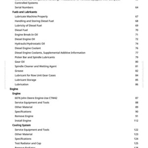 May include: A page from a manual with a table of contents. The headings include "Fuels and Lubricants", "Engine", and "Cooling System". The text lists various topics such as "Diesel Fuel", "Gear Oil", and "Remove Engine".