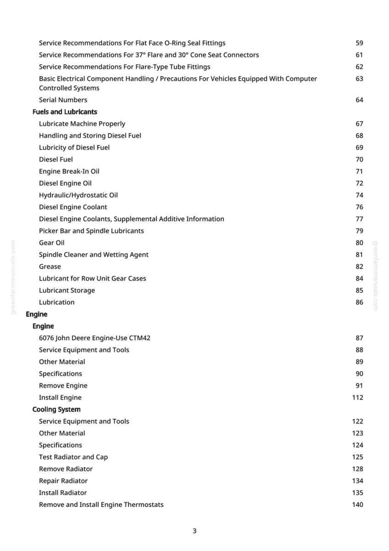 May include: A page from a manual with a table of contents. The headings include "Fuels and Lubricants", "Engine", and "Cooling System". The text lists various topics such as "Diesel Fuel", "Gear Oil", and "Remove Engine".
