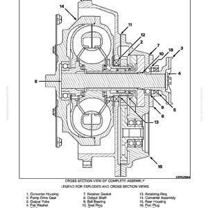 K&ouml;nnte beinhalten: Detaillierte Querschnittszeichnung eines Drehmomentwandlers, beschriftet zur Demontage. Das Diagramm zeigt interne Komponenten wie das Wandlergeh&auml;use, das Pumpenantriebsrad, die Abtriebswelle sowie verschiedene Dichtungen und Lager. Das Bild enth&auml;lt eine Legende mit nummerierten Teilen.