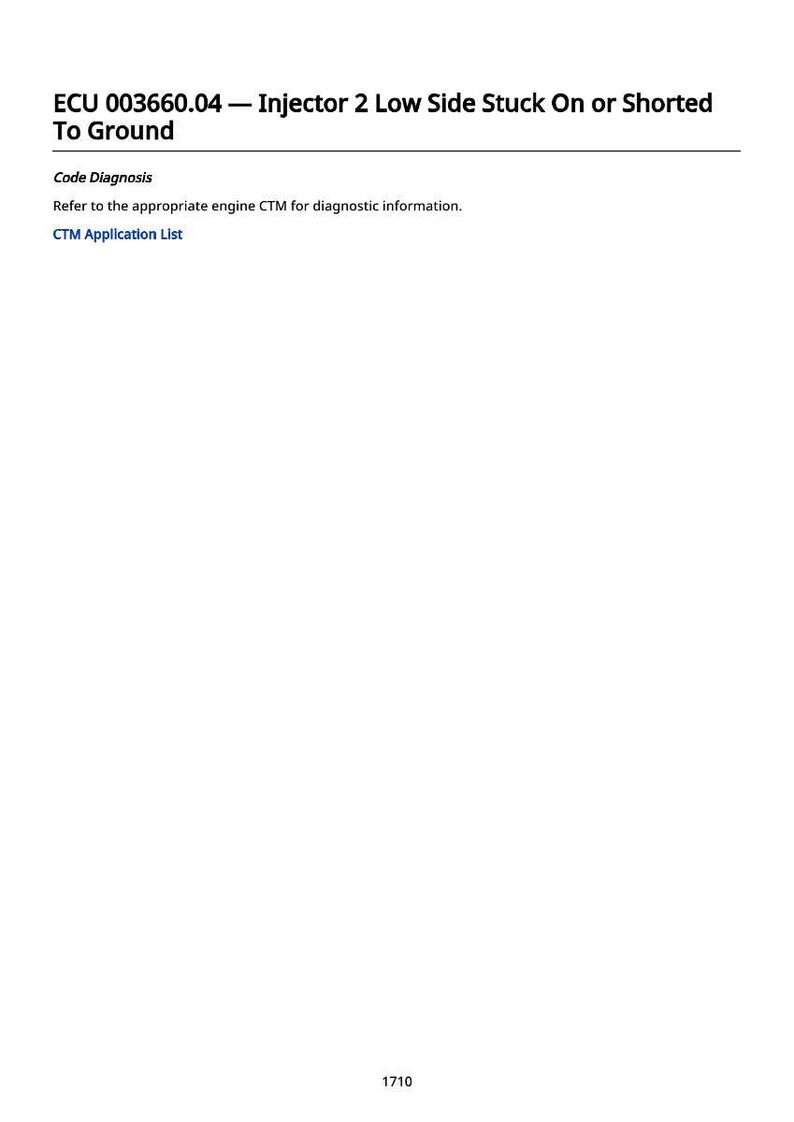 Może przedstawiać: Biała strona z tekstem "ECU 003660.04 - Injector 2 Low Side Stuck On or Shorted To Ground". Zawiera "Code Diagnosis" i "CTM Application List". Numer "1710" znajduje się na dole.