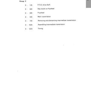 May include: A white page with the title "Machine drives" and the text "Model DOMINANT". The page lists Group 3 with several sub-items including "P.T.O. drive shaft", "Slip clutch on flywheel", and "Timing".