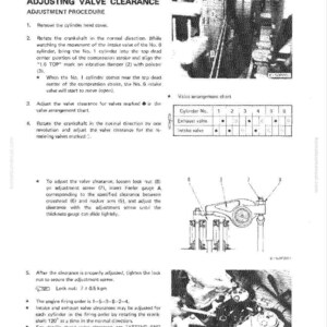 K&ouml;nnte beinhalten: Technische Zeichnung aus einem Handbuch, das die Einstellungen des Motork&ouml;rpers detailliert. Enth&auml;lt Diagramme der Ventilanordnungen, Einstellverfahren und Spezifikationen f&uuml;r die Wartung des Motors. Text enth&auml;lt "Einstellen des Ventilspiels des Motork&ouml;rpers".